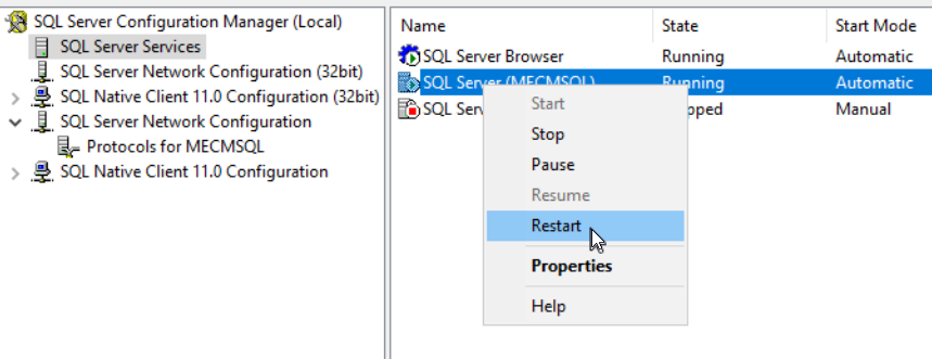 Restart SQL Server within SQL Server Configuration Manager